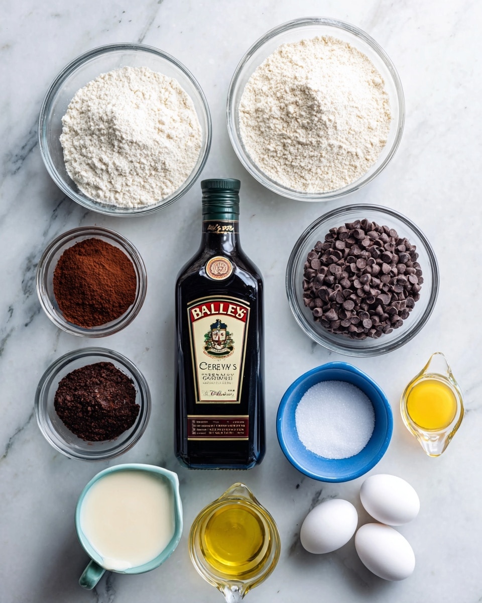 The image shows an overhead view of various baking ingredients neatly arranged on a white marbled surface. There is a tall dark bottle of Baileys Irish Cream placed in the center. Around it, there are several clear glass bowls: one filled with white flour, one with cocoa powder, one with chocolate chips in a white bowl, one with granulated sugar, one with a small amount of white powder, one with salt in a blue bowl, and two whole white eggs placed near the bottom right. Two glass measuring cups hold cream and a yellow liquid, likely oil, all spaced evenly. The overall setup is bright and clean, with a tidy and organized look. Photo taken with an iphone --ar 4:5 --v 7