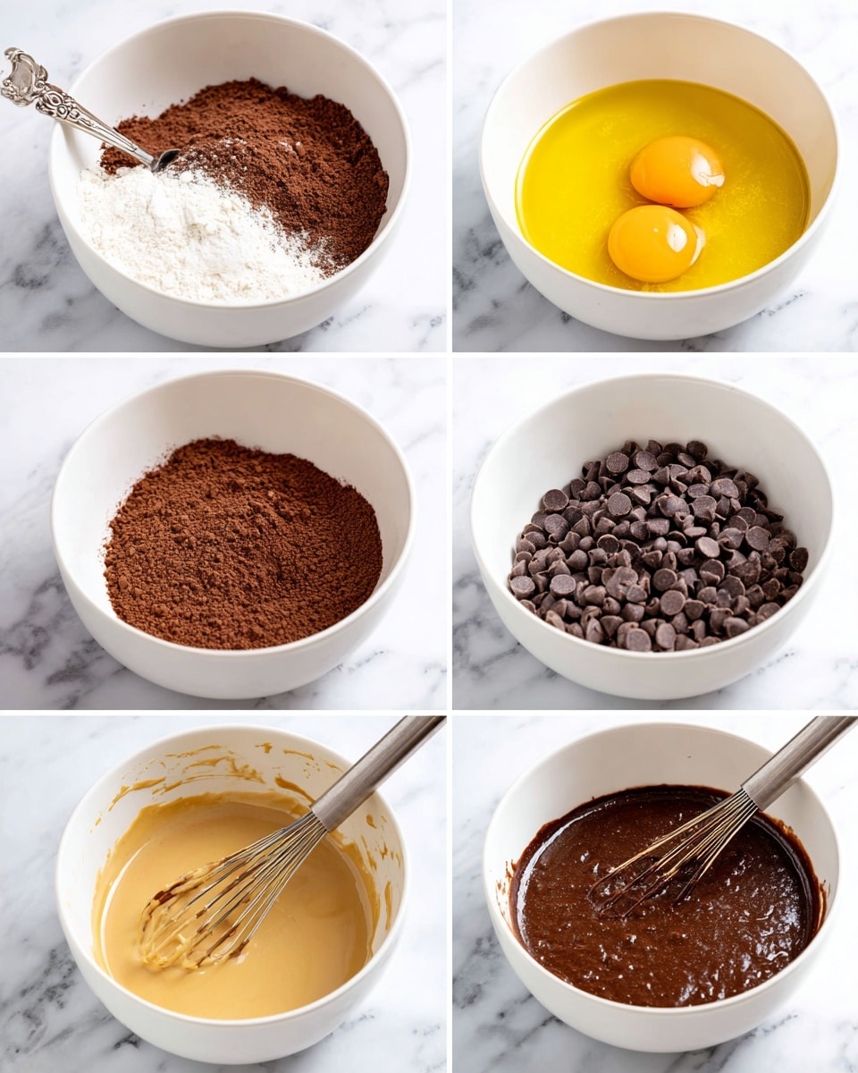 The image shows six steps of making chocolate batter in white bowls on a white marbled surface. The first bowl contains dry mix with a spoon. The second bowl has two cracked eggs on top of a yellow liquid with some white powder on one side. The third bowl layers the dry mix evenly over the yellow liquid and eggs. The fourth bowl shows the mixture mostly combined, thick and dark brown with a whisk inside. The fifth bowl has the dark brown mix with a splash of creamy tan liquid on top, and the whisk resting inside the bowl. The sixth bowl shows the smooth, dark brown batter fully mixed without bubbles or lumps, with a white bowl of chocolate chips placed behind each bowl in every image. photo taken with an iphone --ar 4:5 --v 7