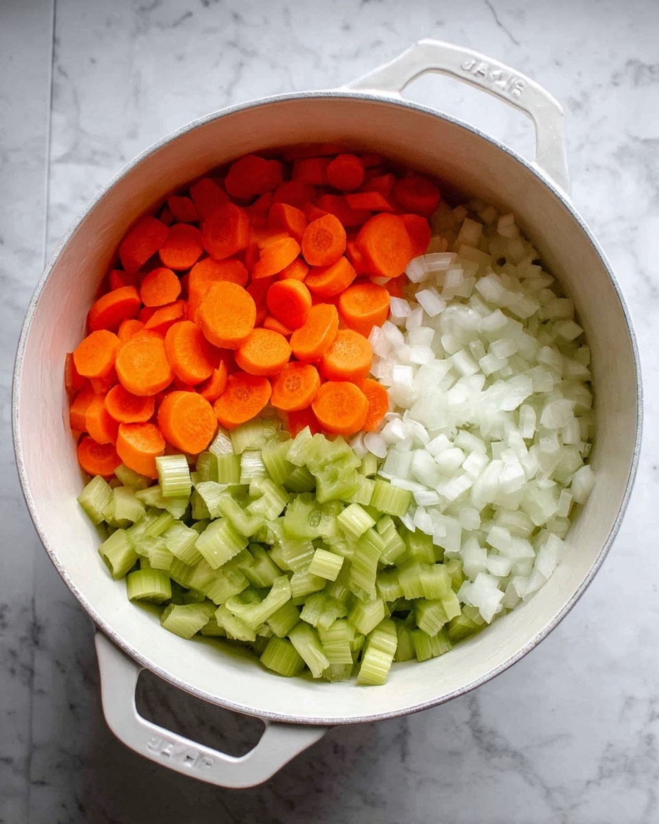 A white pot holds three separate layers of chopped vegetables arranged side by side inside it. The top left layer features bright orange carrot slices, the top right layer shows fresh green celery pieces, and the bottom section contains small white chopped onions. The pot is placed on a white marbled surface. photo taken with an iphone --ar 4:5 --v 7