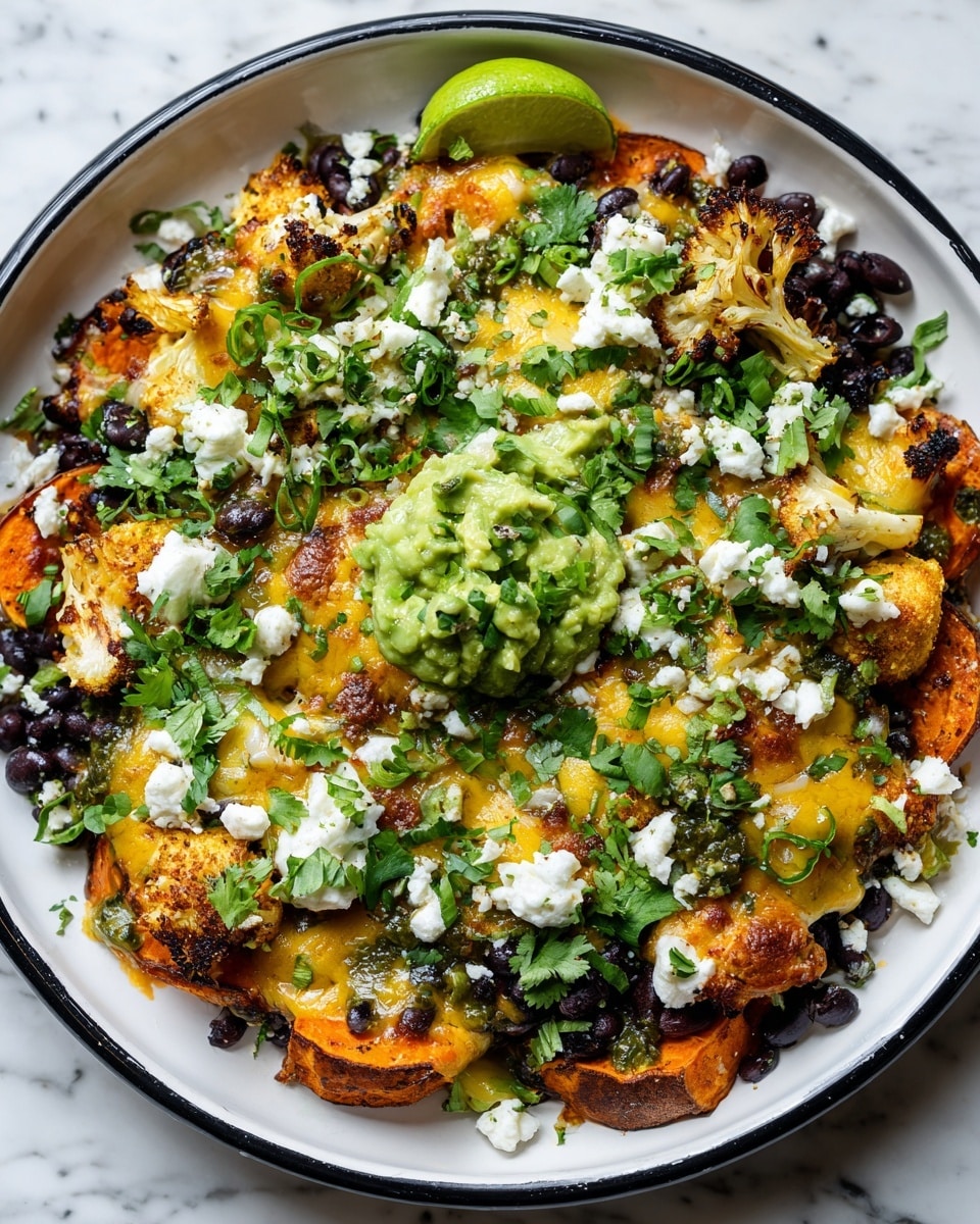The dish is served in a white bowl with a black rim, placed on a white marbled surface. It has several layers starting with roasted sweet potato wedges at the bottom, showing a deep orange color with charred edges. On top of these are melted yellow and white cheese layers, blending softly with the sweet potatoes. Over the cheese, there are black beans scattered evenly, adding dark spots around the dish. Roasted cauliflower florets with a golden brown tint are spread throughout, along with dollops of chunky green guacamole that brings a fresh texture. The dish is garnished with crumbled white cheese, fresh green chopped scallions, cilantro leaves, and slices of bright green lime brightening the top. Small touches of green salsa add a wet shine across the layers, making this dish rich and colorful. Photo taken with an iphone --ar 4:5 --v 7