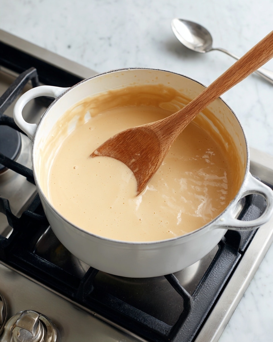 A white pot filled with creamy light beige sauce is on a black gas stove. A wooden spoon rests in the sauce, partially stirring the smooth mixture. The sauce has a slightly thick texture with an even color, filling most of the pot. The stove grate and knobs are visible around the pot, and a silver spoon is placed on the white marbled kitchen surface nearby. photo taken with an iphone --ar 4:5 --v 7