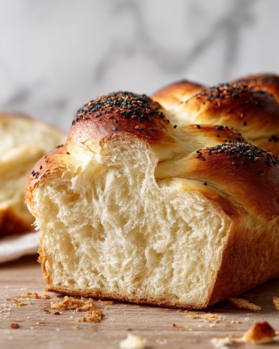 A close-up side view of a loaf of braided bread sliced to show the inside. The bread has three golden brown braided layers on the top, with a shiny crust covered with small black seeds above a thick fluffy pale beige inside. The texture of the inside looks soft and a bit crumbly. The bread sits on a wooden surface with some crumbs scattered around, and the background is a white marbled texture. Photo taken with an iphone --ar 4:5 --v 7