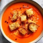Sheet Pan Roasted Vegetable Soup with Grilled Cheese Croutons Recipe