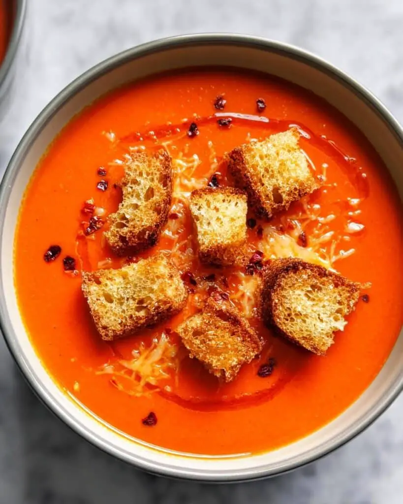 Sheet Pan Roasted Vegetable Soup with Grilled Cheese Croutons Recipe