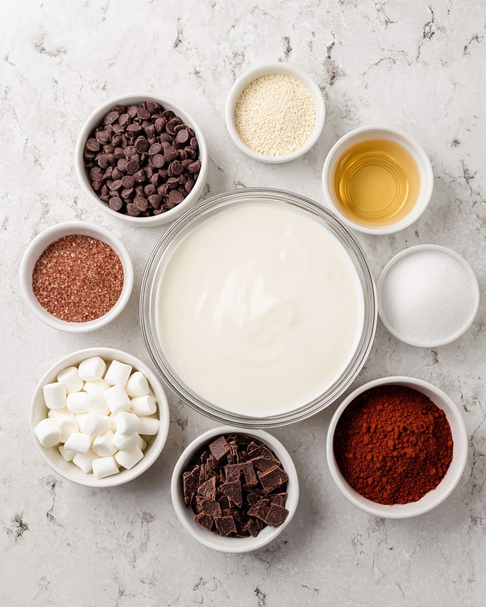 A top-down view of a silver metal saucepan filled with hot chocolate. The surface of the drink has light brown foam bubbles scattered unevenly, creating soft swirls and patches of slightly darker chocolate color mixed with lighter foam. The saucepan rests on a white marbled textured surface. photo taken with an iphone --ar 4:5 --v 7