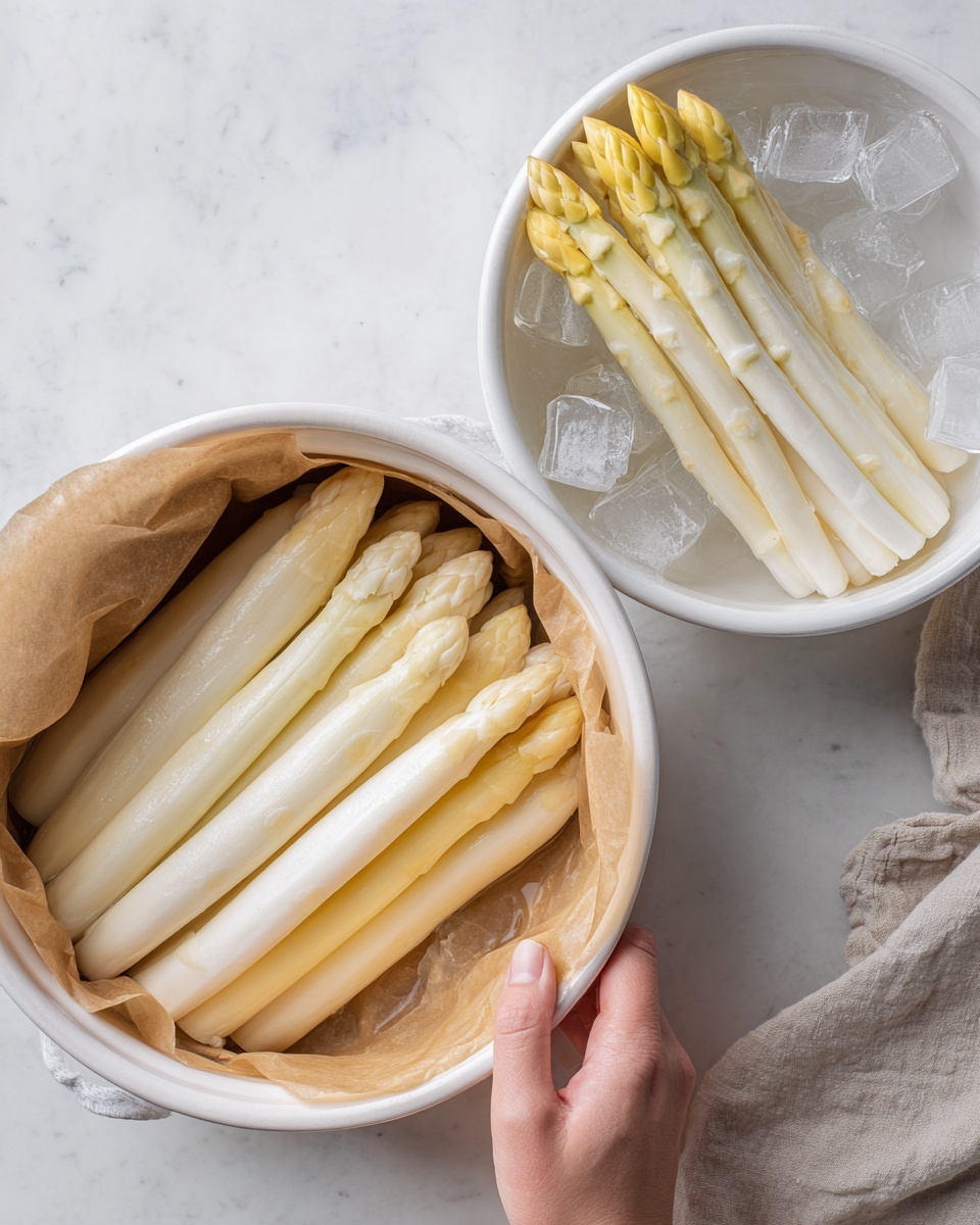 The image shows two stages of preparing white asparagus. On the left, there is a white pot filled with peeled white asparagus sticks arranged neatly in layers, pale yellow to white in color, lying horizontally side by side on a light brown parchment paper lining inside the pot. On the right, a white bowl holds white asparagus sticks with some yellow tips, placed over clear ice cubes, sitting on a white marbled surface. A woman's hand is lightly touching the edge of the bowl, showing careful handling of the asparagus. The overall colors are light and natural with a clean, fresh look. photo taken with an iphone --ar 4:5 --v 7