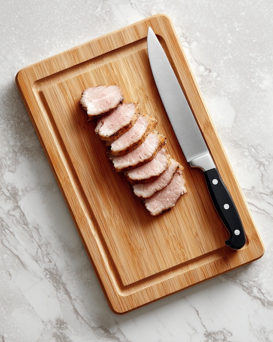 A rectangular wooden cutting board with a light brown color and visible grain lines is placed on a white marbled surface. Near the center of the board, there is a small stack of eight evenly sliced pieces of light pinkish-beige meat with a darker pink center, arranged in a neat line. To the right of the meat slices lies a long knife with a shiny silver blade and a black handle featuring three silver rivets. The photo taken with an iphone --ar 4:5 --v 7