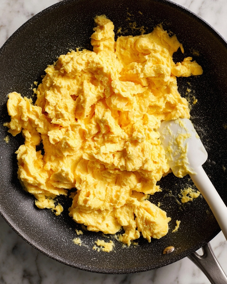 The image shows a close-up of soft scrambled eggs in a black textured pan. The eggs are bright yellow with a creamy, slightly lumpy texture, spread thickly mostly on the left side of the pan, while the right side reveals a white spatula partially covered by the eggs. The pan's surface is slightly glossy from cooking, and the background beneath the pan is a white marbled texture. photo taken with an iphone --ar 4:5 --v 7