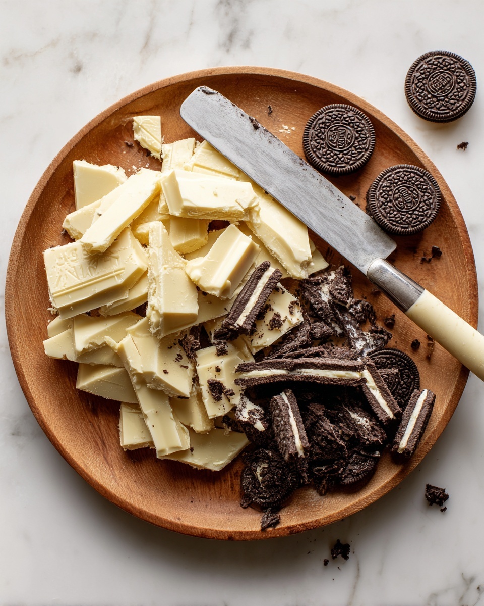 The image shows a block of white fudge with large black cookie pieces mixed throughout, cut into sixteen square pieces. The fudge layer is creamy white with a smooth texture, and the black cookie pieces are broken into smaller chunks, scattered evenly on top and inside the fudge. The block sits on a sheet of parchment placed over a wooden board. Around the fudge, whole black cookies are spread loosely. The surface under the board has a white marbled texture. Photo taken with an iphone --ar 4:5 --v 7