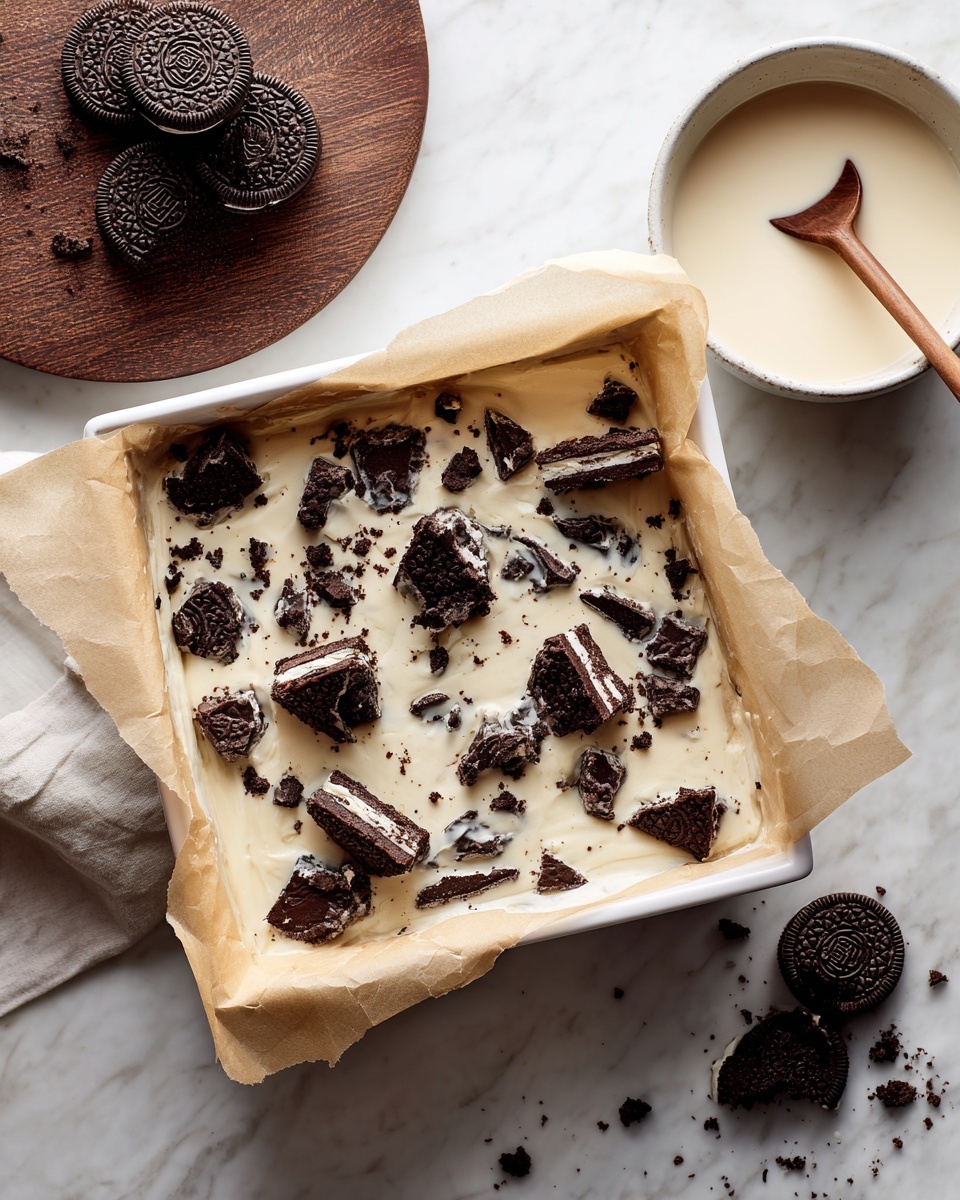 A white square baking dish lined with crinkled beige parchment paper holds a creamy off-white mixture dotted with chunks of dark chocolate sandwich cookies. The cookies are broken into uneven pieces and scattered across the surface, giving a rough texture on top of the smooth layer. Nearby, a round white bowl contains a light-colored liquid with a wooden spatula resting inside it. To the side, a few whole dark chocolate sandwiches lie directly on a white marbled surface, next to a round dark wooden board with cookie crumbs scattered on it. Photo taken with an iphone --ar 4:5 --v 7