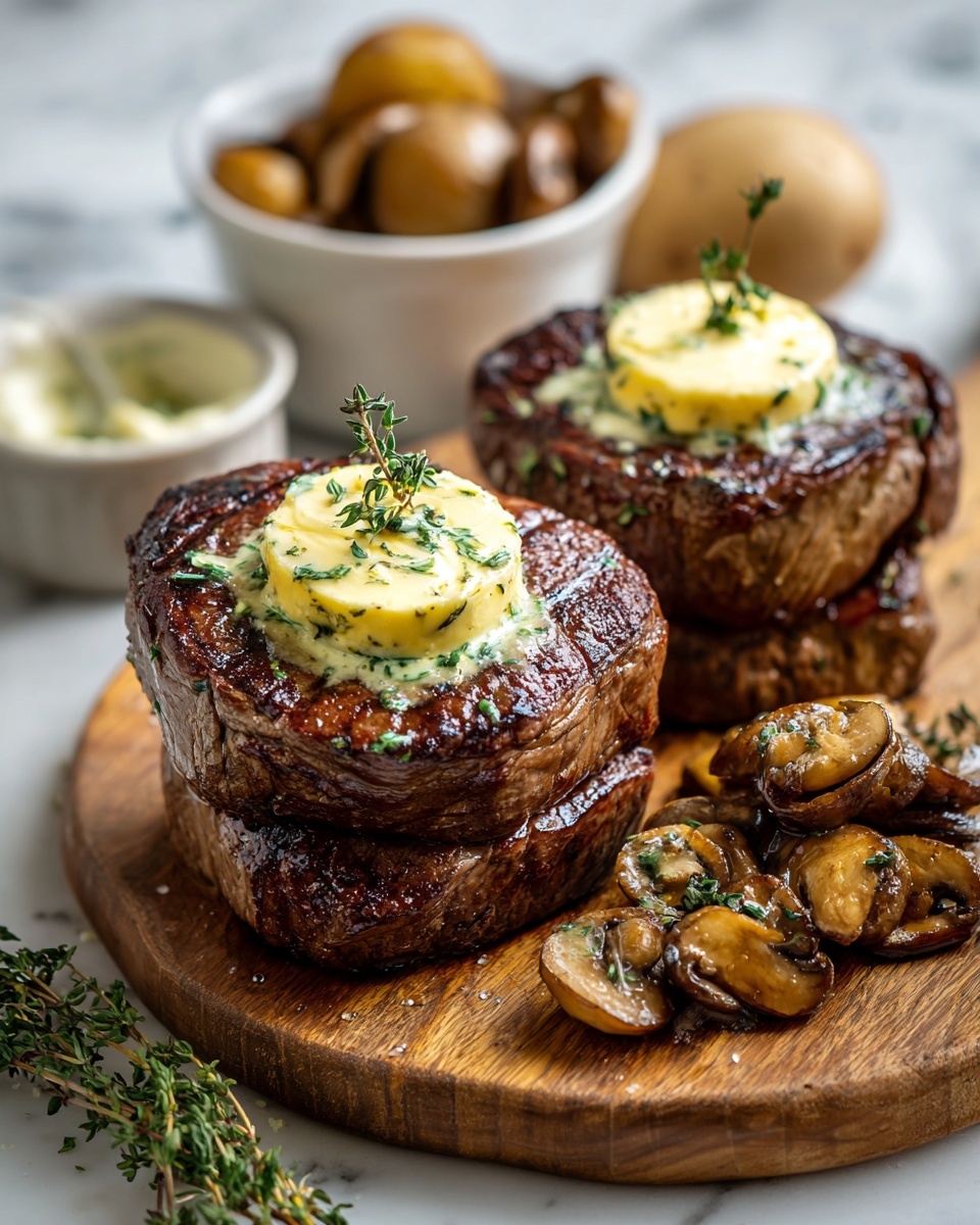 The image shows a wooden cutting board with several slices of medium-rare steak stacked in the front, each slice showing a pinkish-red center with a dark brown seared crust. On top of the steak slices is a layer of creamy, pale yellow butter speckled with black pepper. To the right of the steak, there are browned sautéed mushrooms with a slightly rough texture, sitting close to the meat. In the background, there are whole cooked potatoes with rough skins and a small clear glass bowl filled with more sautéed mushrooms. The whole scene is set on a white marbled surface, with a vintage knife handle with a horn-like texture visible on the left side. photo taken with an iphone --ar 4:5 --v 7
