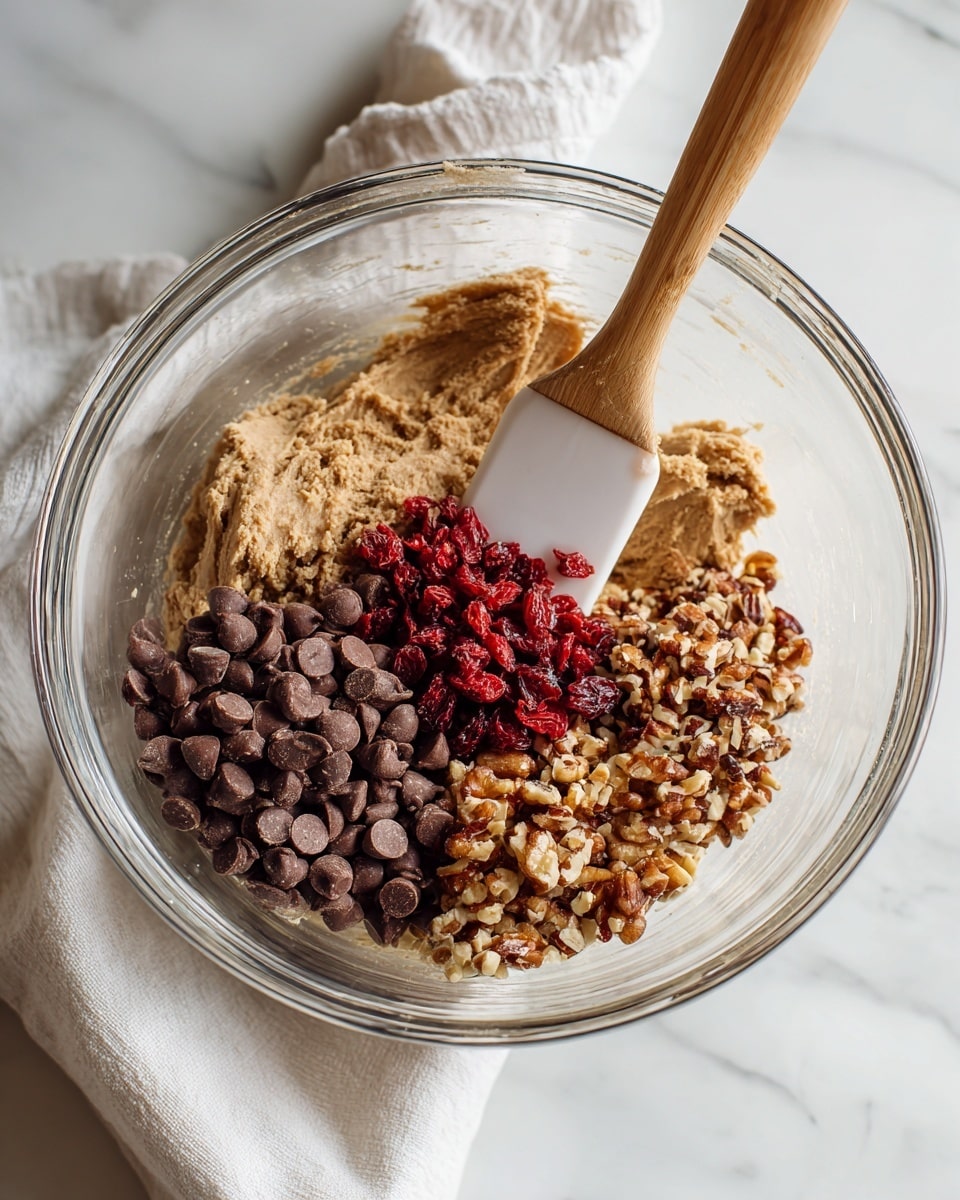 A clear glass bowl holds a mixture with four visible parts. The largest base layer is a light brown dough with a soft, rough texture. On top of this dough, three distinct piles sit next to each other: dark brown chocolate chips with a smooth, round flat shape; small red dried fruit pieces with a wrinkled, shiny look; and chopped brown nuts with an uneven, rough texture. A white and wooden spatula rests diagonally inside the bowl. The bowl is placed on a white marbled surface with a white cloth nearby. Photo taken with an iphone --ar 4:5 --v 7