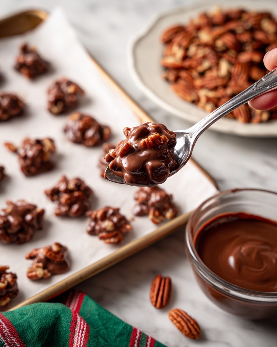 The image shows a close-up of a metal spoon holding a small cluster of glossy melted chocolate mixed with pecans. The spoon hovers above a baking tray lined with white parchment paper, where many similar chocolate and pecan clusters are spread out and cooling. In the background, there is a white plate piled with pecans, and a transparent glass bowl partially filled with melted chocolate sits on the right side. All items rest on a white marbled surface, and a woman's hand is holding the spoon. A soft cloth with red stripes and a green cloth lie at the bottom edge of the image. Photo taken with an iphone --ar 4:5 --v 7