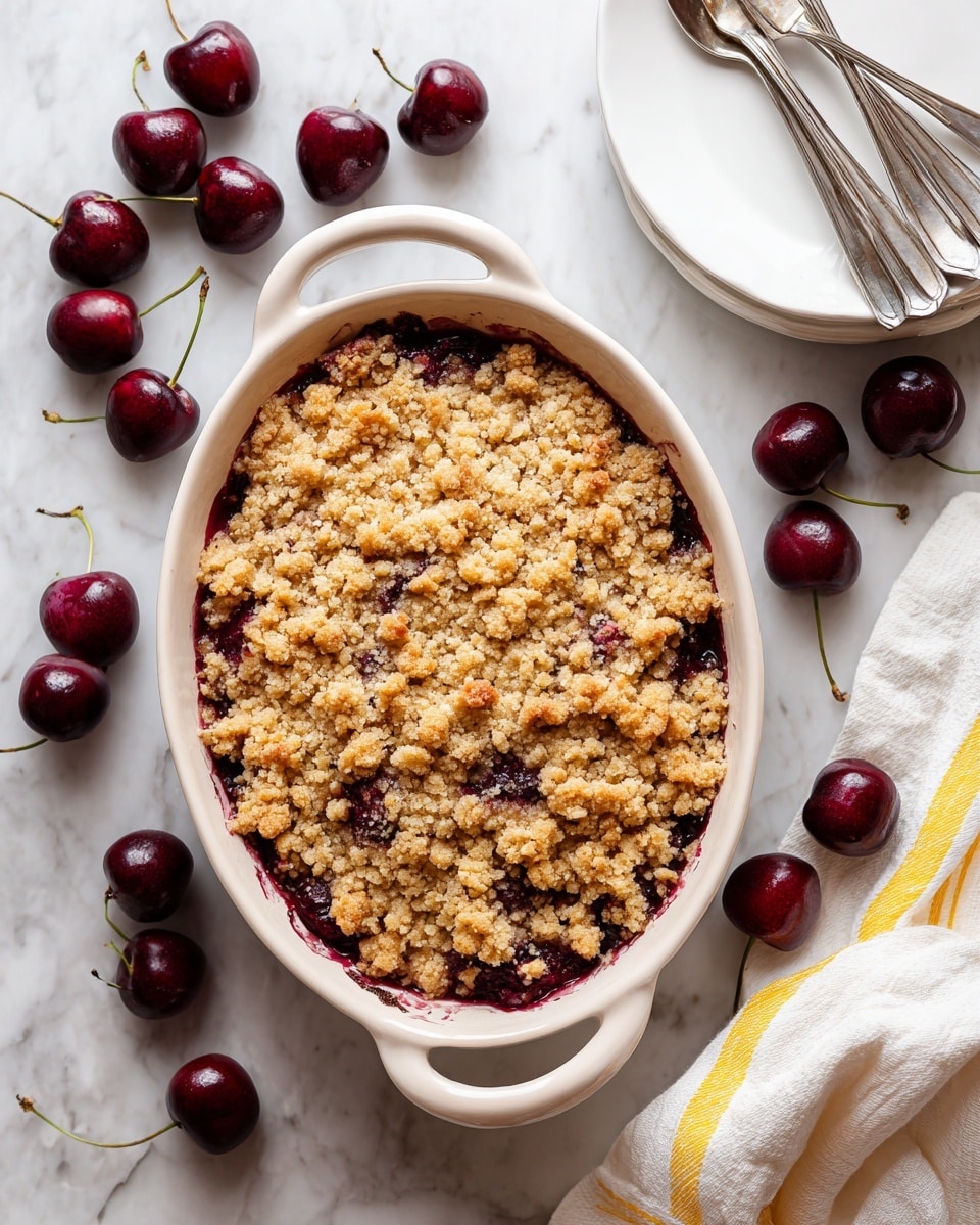 The image shows a golden brown cherry crumble in a white oval baking dish with two handles. The top layer is crumbly and textured, with small clumps and a few spots where red cherry filling peeks through. Surrounding the dish are glossy dark red cherries with stems on a white marbled surface. To the side, there is a light cream-colored cloth with thin yellow stripes, and a white plate holding three forks is partially visible. Photo taken with an iphone --ar 4:5 --v 7