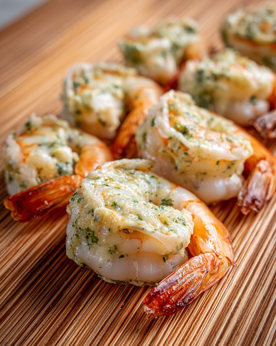 The image shows several pieces of raw shrimp placed on a ribbed wooden surface. Each shrimp has two layers: the bottom layer is the translucent, pale white shrimp body, and the top layer is a light brown creamy mixture with green herbs, giving a textured look. The shrimp tails are left on and curve upwards, adding a slightly reddish and brown color contrast at the tips. The creamy topping looks fluffy and unevenly spread over the shrimp. The background surface is wooden with ridges running horizontally. photo taken with an iphone --ar 4:5 --v 7