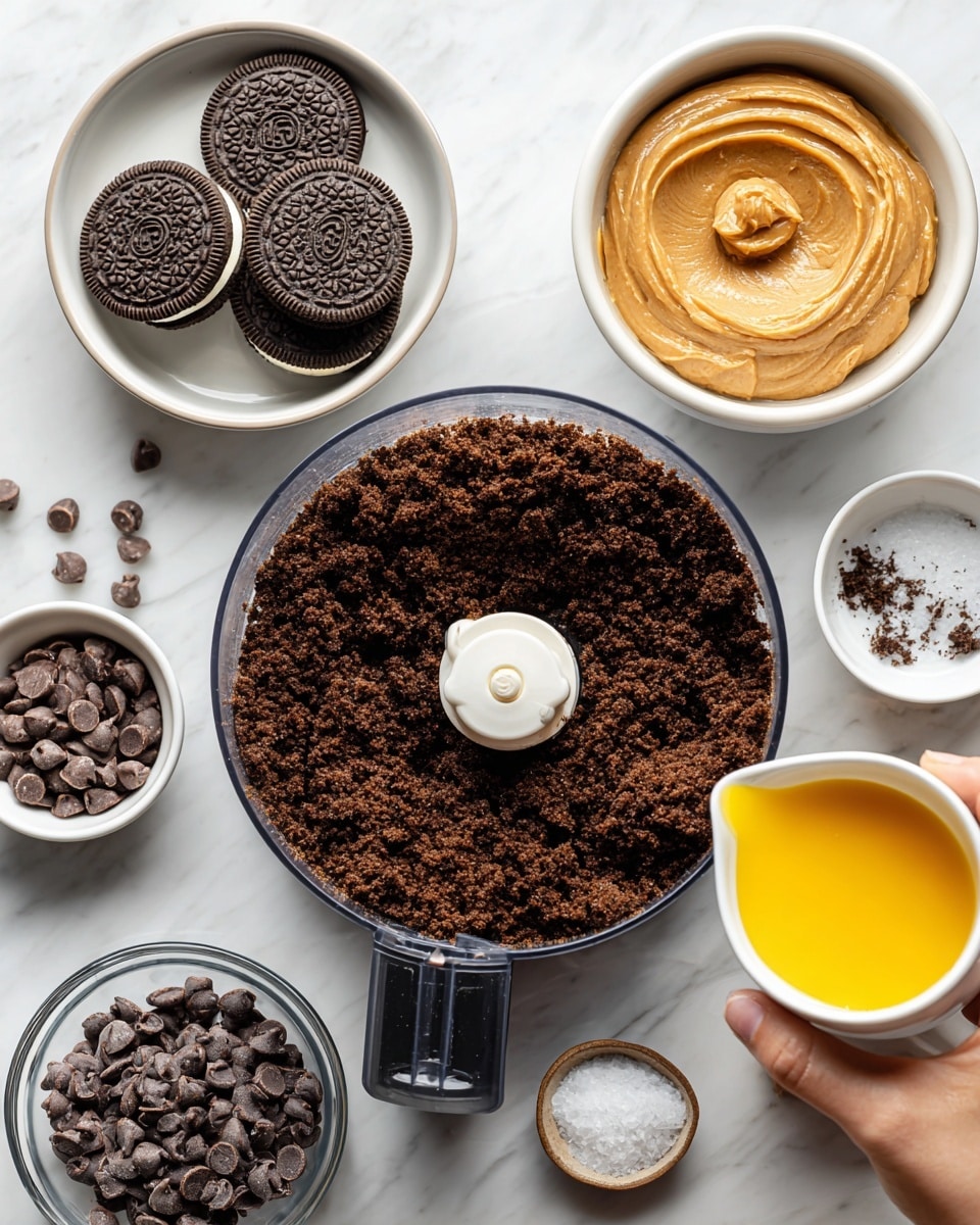 A top view of a food processor bowl filled with finely crushed dark brown cookie crumbs placed on a white marbled surface. Above it, a white bowl holds a few whole dark brown cookies with cream centers. To the right, there is a white bowl filled with smooth, light brown peanut butter. Below, there is a clear glass bowl filled with small, round dark brown chocolate chips, and a small clear dish with white salt. A woman's hand is holding a small white cup pouring bright yellow melted butter into the food processor. Photo taken with an iphone --ar 4:5 --v 7