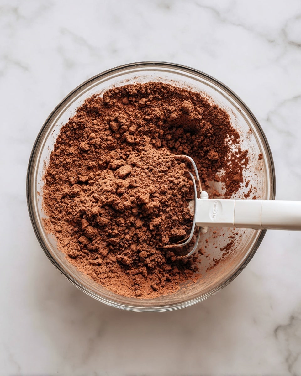 A clear glass bowl filled with a dry cocoa mixture that looks finely textured and slightly clumpy in a deep brown color; a white metal mixer blade is partially immersed on the right side, showing bits of cocoa powder stuck to it, all placed on a white marbled surface. photo taken with an iphone --ar 4:5 --v 7