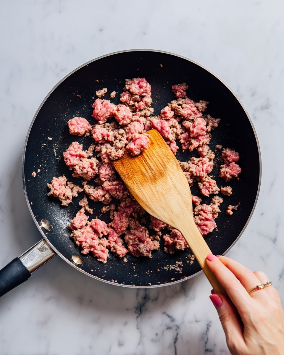 In the image, there is a black frying pan with several pieces of raw and partially cooked ground beef scattered throughout its surface. The beef is unevenly broken into chunks, showing a mix of bright pink raw meat and browned cooked parts with a slightly crispy texture. A wooden spatula is positioned in the center of the pan, pressing down on the meat, and a woman's hand can be seen holding the spatula from below. The pan rests on a white marbled surface. photo taken with an iphone --ar 4:5 --v 7