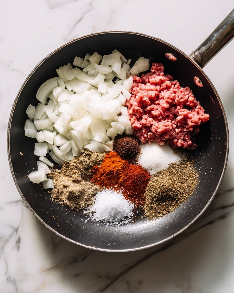A black frying pan on a white marbled surface holds roughly chopped white onions spread on the left side, with a mound of raw pink ground meat on the right side. In between, there are small piles of various spices in brown, reddish-brown, and black colors, along with white salt scattered near the onions and meat. The spices are finely ground and create a colorful contrast against the onions and meat. The pan has slight reflections of oil drops scattered around. Photo taken with an iphone --ar 4:5 --v 7