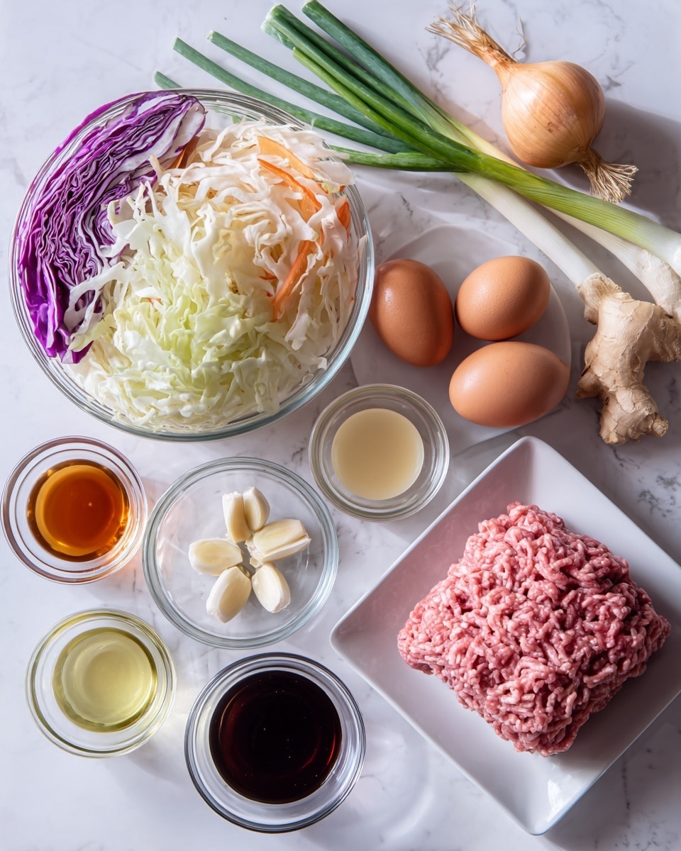 A top view of several small and large clear glass bowls and a white square plate arranged on a white marbled surface. The white square plate on the right holds a large block of raw pink ground meat with a smooth, packed texture. Below the plate, a small clear bowl contains three peeled garlic cloves. To the left, a large clear bowl is full of sliced cabbage mix with layers of thin white, purple, and orange strips for color and texture. Around the bowls and plate are other small clear bowls with different liquids and sauces: one has a dark brown liquid, another a light yellow oil, a third a light brown sauce, and the last a pale yellow liquid. Above is a small clear bowl with two whole brown eggs and a piece of pale ginger root. Whole onion and three stalks of green onion lie near the top-left corner. photo taken with an iphone --ar 4:5 --v 7