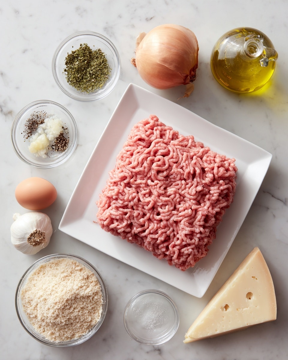 A white square plate sits on a white marbled surface with a rectangular block of raw pink ground meat taking up most of the plate's space; next to it on the surface, from left to right, are two clear small bowls with two garlic cloves and a mix of dried green herbs, black pepper, and salt, a whole round light brown onion, a short bottle of light yellow olive oil, a third clear small bowl filled with light beige breadcrumbs, a single brown egg, and a wedge of pale yellow hard cheese with a rough texture. photo taken with an iphone --ar 4:5 --v 7