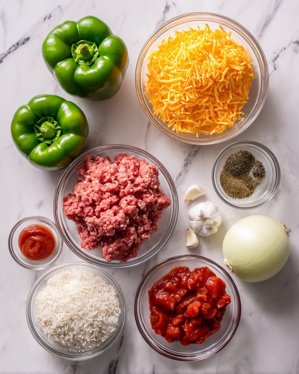 This image shows ingredients for a meal arranged on a white marbled surface. There are two large green bell peppers on the left side, one whole and one with a different shape. Next to them, near the center top, is a clear glass bowl filled with shredded orange cheddar cheese. To the right of the cheese is a clear glass bowl with raw ground meat, pinkish red and textured. Below the meat bowl, there is a smaller clear glass bowl with white uncooked rice. Beside the rice, on the right, is a whole pale yellow onion. In the top right corner, there is a small white bowl with dried herbs and black pepper. Below that is a small clear glass bowl with a dollop of red tomato paste. Near the center bottom, there is a clear glass bowl with diced red tomatoes in a sauce. Two small white garlic cloves are placed between the tomato bowl and rice bowl. The scene is well lit and clear. Photo taken with an iphone --ar 4:5 --v 7