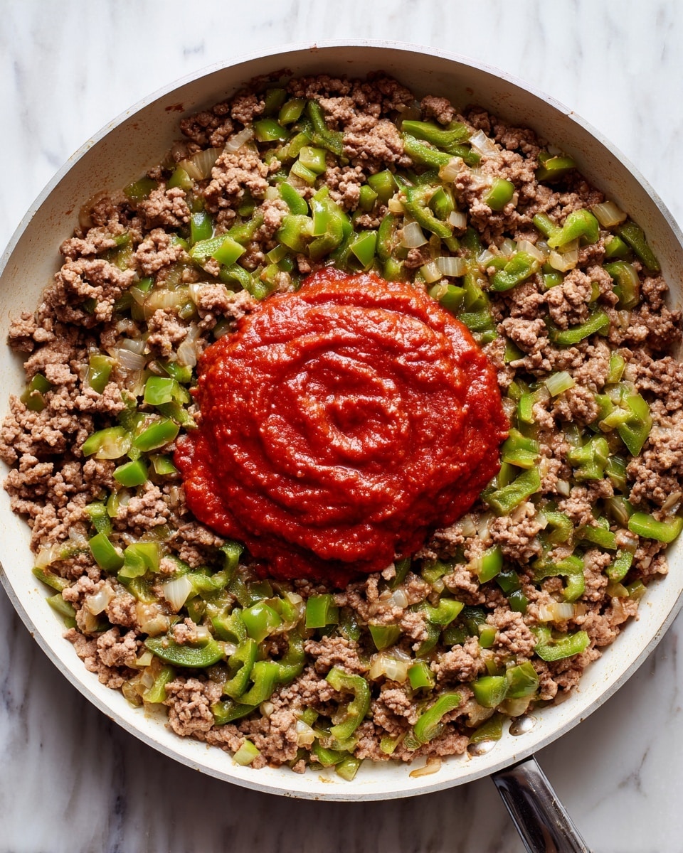 A white pan filled with cooked ground meat mixed with pieces of bright green bell peppers, spread evenly across the pan as the base layer. In the center, there is a dollop of thick, deep red tomato paste sitting on top of the meat and peppers. The colors contrast well, with the green of the peppers, the brown of the cooked meat, and the red tomato paste. The texture of the meat is crumbly and mixed with small bits of translucent cooked onions, visible throughout the dish. The pan is placed on a white marbled surface. photo taken with an iphone --ar 4:5 --v 7
