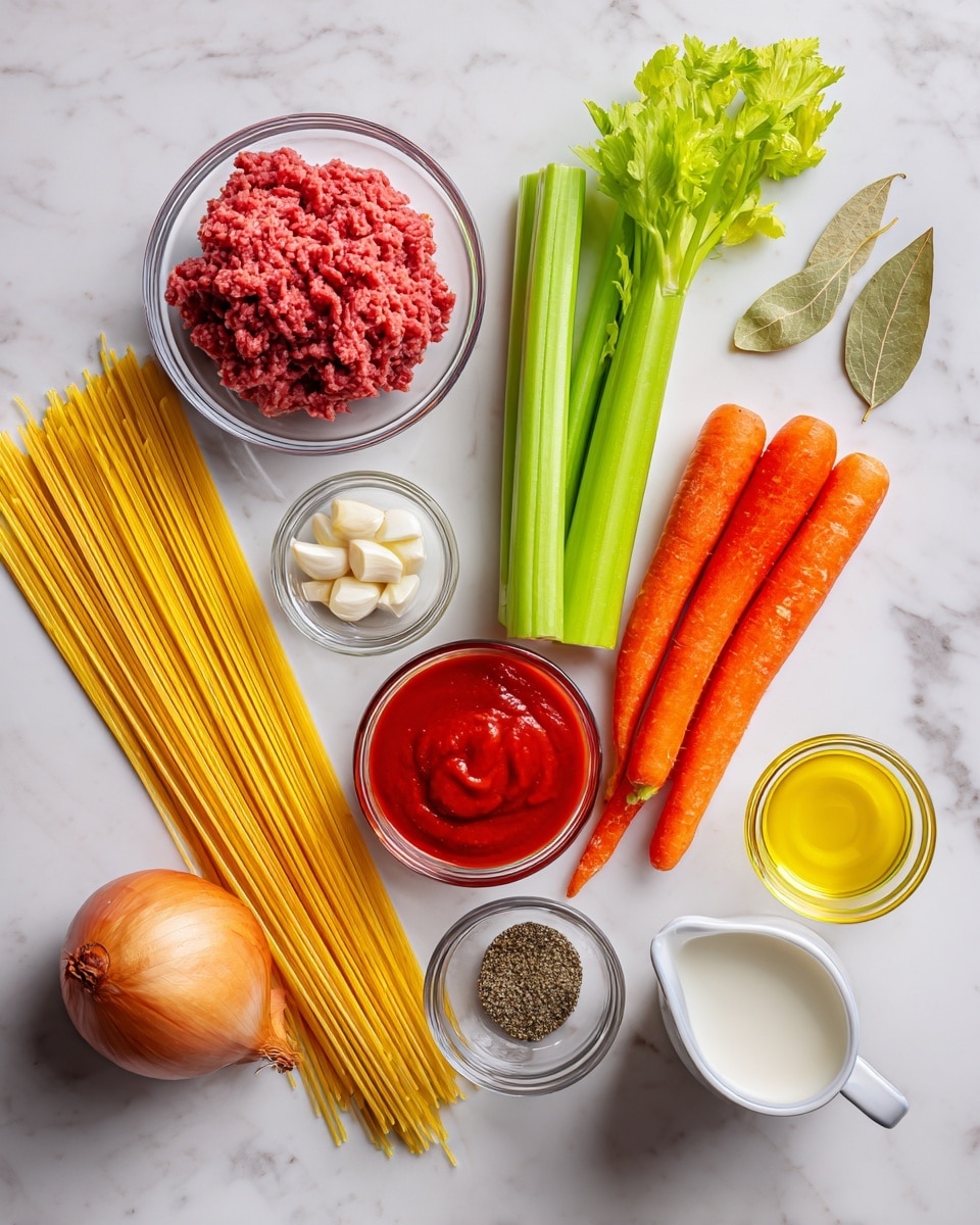The image shows an overhead view of raw ingredients laid out on a white marbled surface, arranged neatly and spaced apart. There are three long, slim stalks of celery with a vivid green color positioned vertically near the center. Next to the celery are two fresh carrots with a bright orange hue, lying side by side. Near the center right is a whole round yellow onion. A clear glass bowl holds bright red tomato paste, and another larger clear bowl contains pale red raw ground meat. A medium glass bowl is filled with a deep red tomato sauce with a slightly chunky texture. To the left is a bunch of uncooked yellow spaghetti strands fanned out. A small clear bowl contains two peeled garlic cloves. Two tiny clear bowls hold dried herbs and a mix of black pepper, salt, and paprika. A small clear pitcher with white milk and a glass container of golden olive oil are also included, along with a dried bay leaf placed near the top right. The photo taken with an iphone --ar 4:5 --v 7