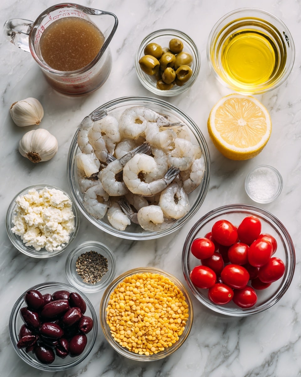 The image shows several clear glass bowls and a white bowl arranged on a white marbled surface. In the center, a clear glass bowl is filled with raw shrimp that are pale gray with darker tails. Below it, a white bowl is filled with small, round, yellow lentils with a matte texture. To the right of the shrimp, a clear bowl holds bright red cherry tomatoes that are smooth and shiny. Above the tomatoes, a clear bowl contains dark purple sliced olives with a glossy texture. Next to the olives, a small clear bowl has a small pile of white salt and black pepper. To the left of the shrimp, a small clear bowl holds crumbled white cheese. Above it, another small clear bowl contains green capers. A whole yellow lemon and a glass measuring cup filled with brown broth are placed at the top left. There are three peeled garlic cloves near the top center above the shrimp. A small glass containing yellow olive oil is near the right side. The items are neatly spaced with clear visibility over the white marbled surface. Photo taken with an iphone --ar 4:5 --v 7