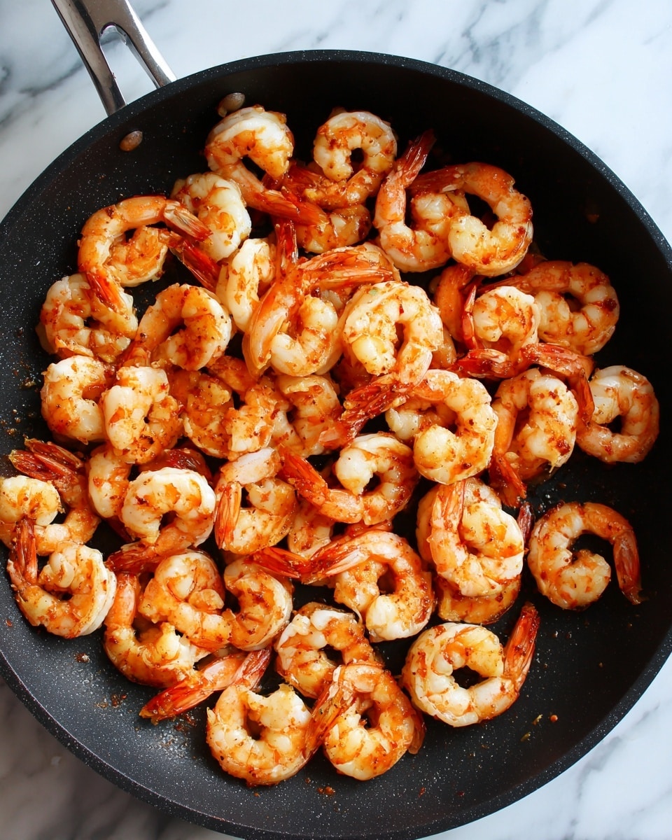 A black frying pan filled with one layer of shrimp spread evenly across the surface. The shrimp are orange and white, showing a cooked texture with slight browning. The pan sits on a white marbled surface. The shrimp shells are partially removed, revealing the curled bodies inside. Photo taken with an iphone --ar 4:5 --v 7