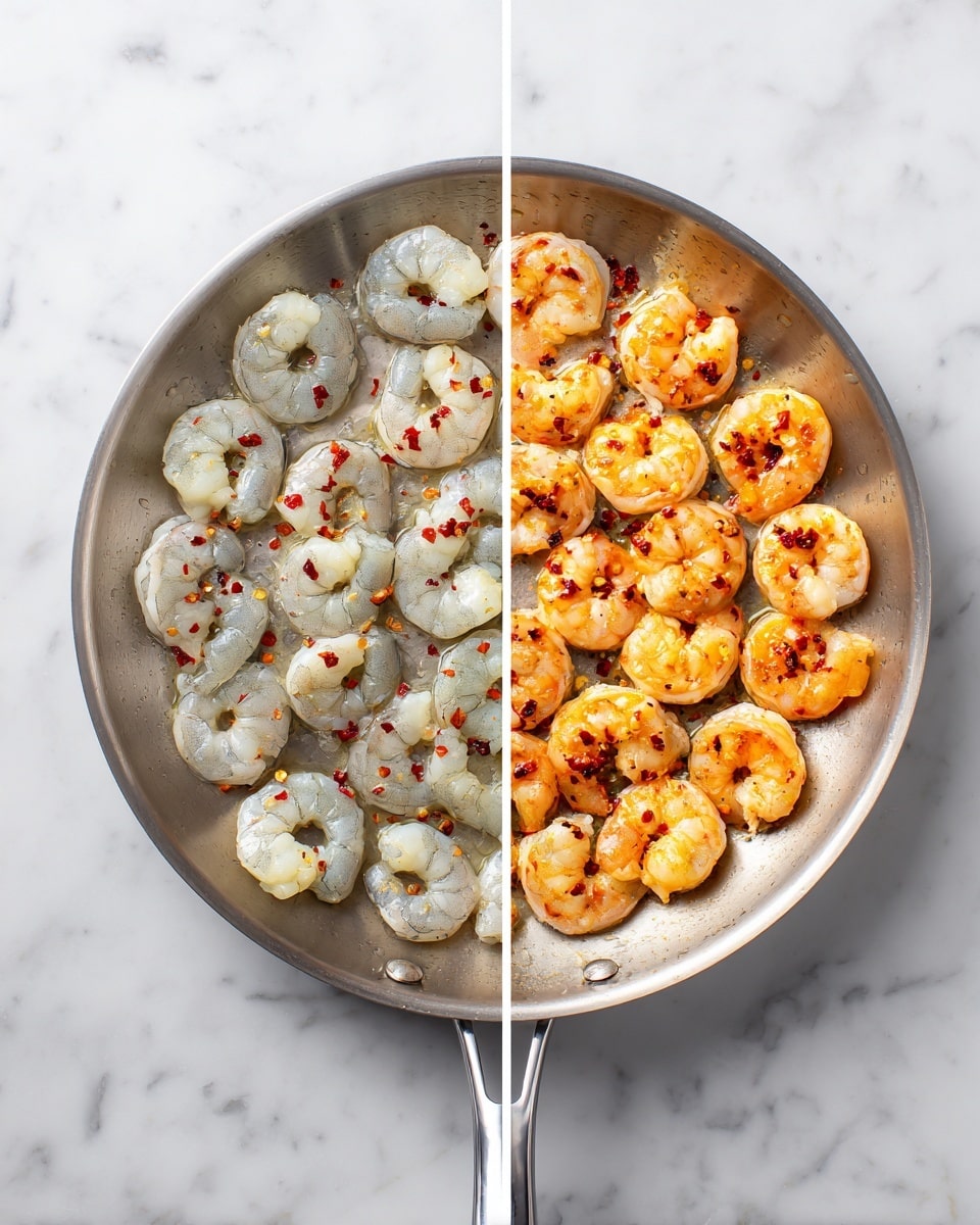 The image shows two side-by-side views of a silver frying pan containing raw and cooked shrimp. On the left side, the pan is filled with raw shrimp arranged in a circular pattern, all pale gray with slight pink accents and some sprinkled red chili flakes on top. On the right side, the shrimp are cooked to a bright orange color with firm texture, arranged evenly with the chili flakes still visible. Both pans are placed on a white marbled surface, and the pan’s metallic texture reflects some light. photo taken with an iphone --ar 4:5 --v 7