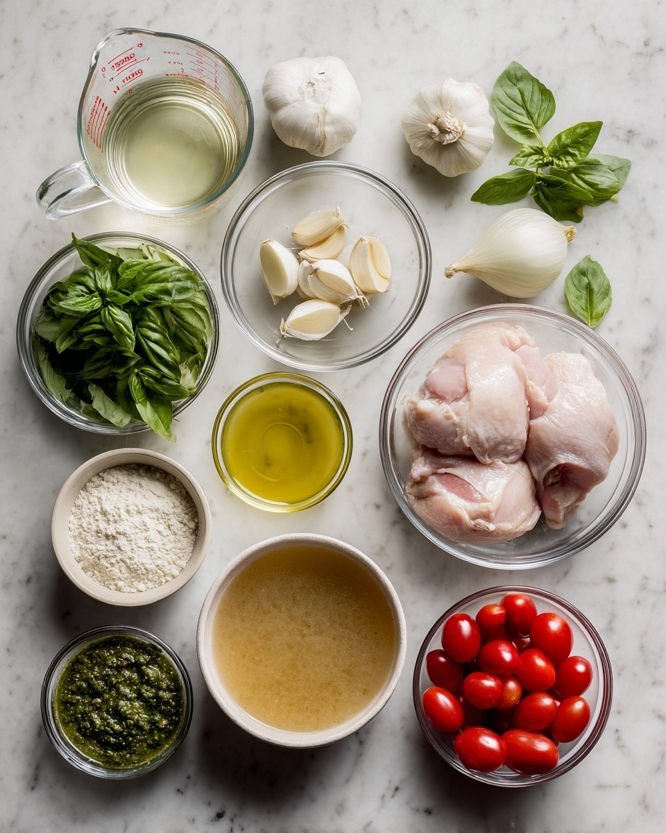 A white marbled surface holds nine clear glass bowls and a measuring cup, each with different ingredients arranged neatly. Starting from the top left, there is clear liquid in a measuring jug, three garlic cloves in a small bowl, fresh green basil leaves in another bowl, and two raw chicken pieces in a large bowl on the right. Below them are a larger glass bowl filled with light brown broth, a small bowl with olive oil, a small bowl with green pesto, a whole white onion, a small bowl with white flour, and a small bowl full of red cherry tomatoes. The bowls are organized in a balanced way across the white marbled surface photo taken with an iphone --ar 4:5 --v 7