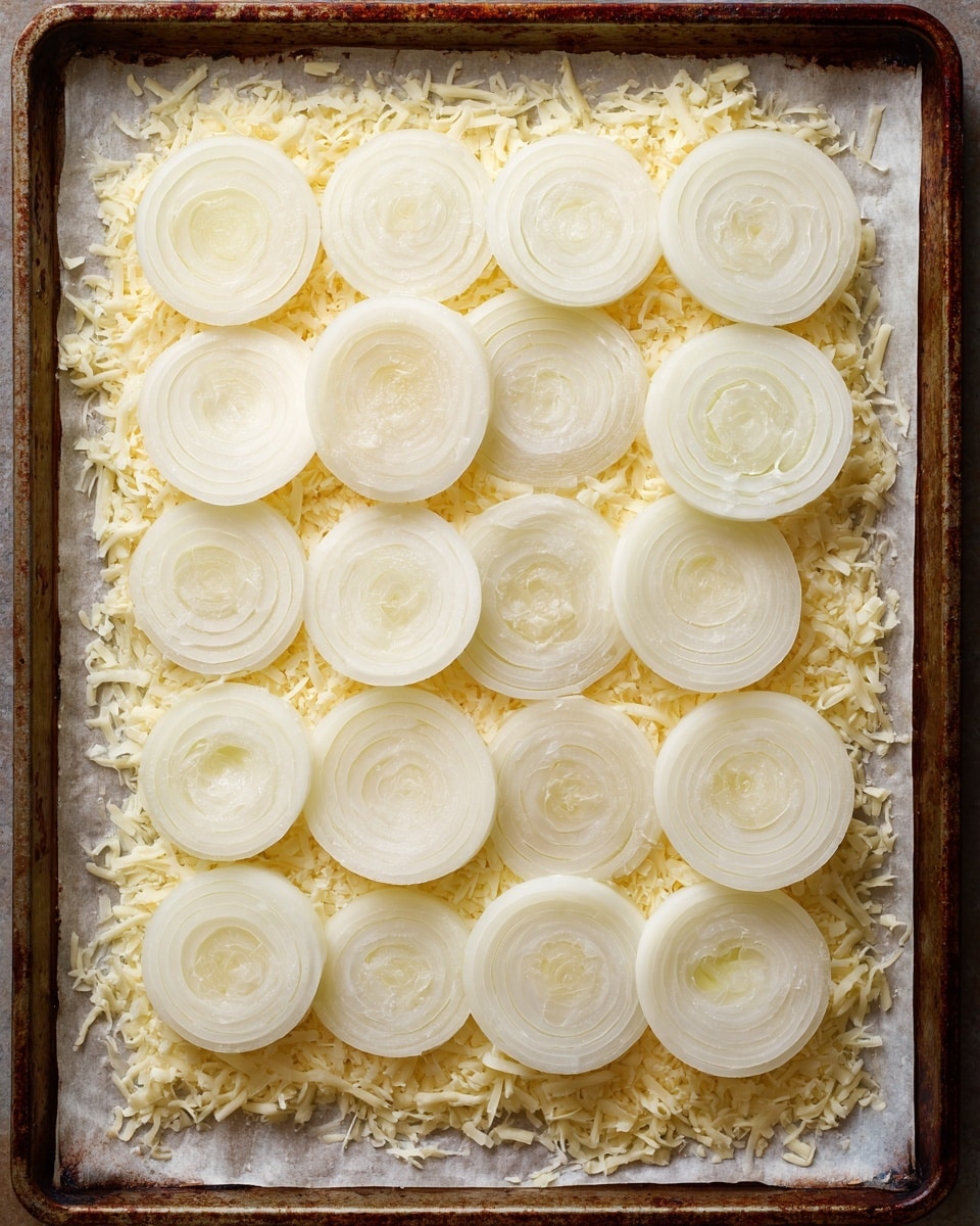 This image shows a baking tray lined with white parchment paper, topped with a layer of finely shredded pale yellow cheese that covers the entire surface evenly. On top of the cheese, there are twenty thin, round slices of raw white onion arranged in a neat 4 by 5 grid, each slice is almost touching the next one. The onion slices are translucent with faint concentric rings visible, and they create a uniform pattern of white and light cream colors against the textured cheese underneath. The edges of the baking tray are slightly rusted and give a rustic look, while the overall scene is lit softly to emphasize the freshness and texture of the ingredients. photo taken with an iphone --ar 4:5 --v 7