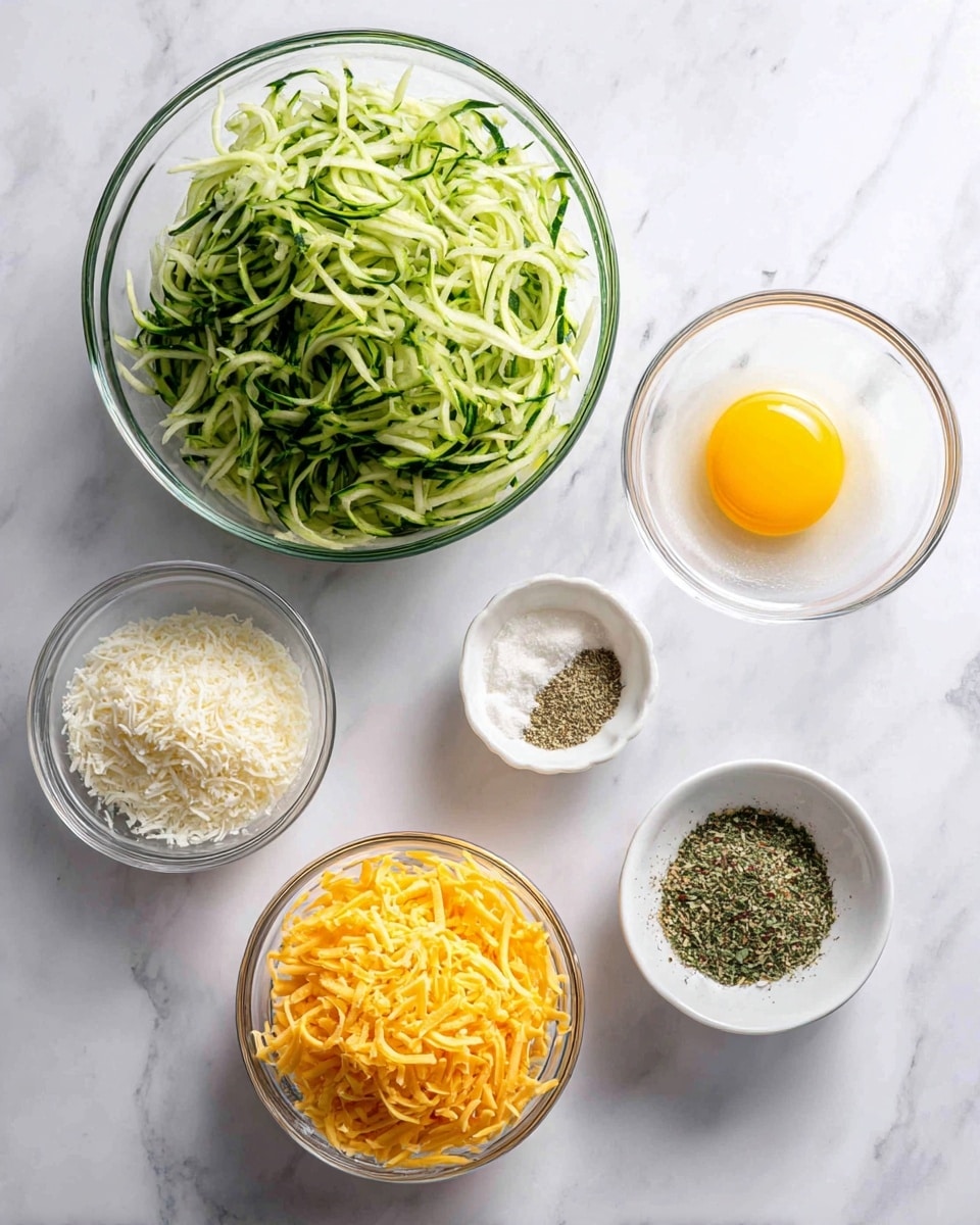 The image shows five clear glass bowls arranged on a white marbled surface. The largest bowl is filled with shredded green zucchini, showing thin, long strands densely packed inside. To its right and slightly above is a medium bowl holding a raw egg with a bright yellow yolk in clear egg white. Below this, there is a medium bowl with finely shredded orange cheddar cheese. Below the zucchini bowl, a small bowl contains white panko breadcrumbs with a rough texture. Next to it is another small bowl holding a mix of dried green and beige spices. photo taken with an iphone --ar 4:5 --v 7