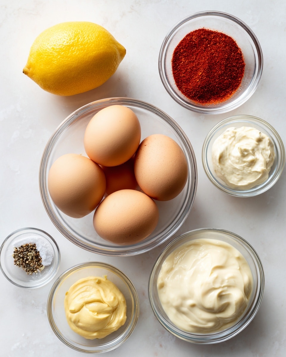 The image shows a white marbled surface with several glass bowls and a whole lemon arranged neatly. In the center, a large clear glass bowl holds six light brown eggs with smooth shells. To the left of this bowl is a bright yellow lemon, and above it, a smaller glass bowl filled with bright red paprika powder. To the right of the eggs, there are three smaller glass bowls in a loose vertical line: the top bowl contains a mix of black pepper and white salt, the middle bowl holds smooth yellow mustard, and the bottom bowl has creamy white mayonnaise. The scene is well-lit and clean, with the ingredients spaced out evenly, all visible from a top-down view photo taken with an iphone --ar 4:5 --v 7