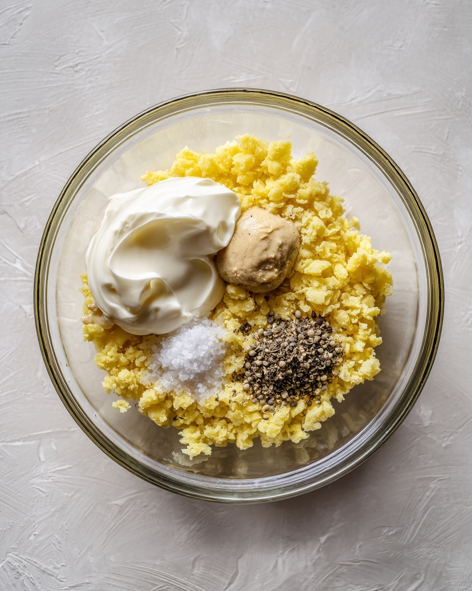 A clear glass bowl on a white marbled surface holds a mix of yellow crumbled pieces covering most of the bottom, topped with a dollop of smooth white cream on the left, a blob of light brown paste slightly overlapping the cream, and small piles of black pepper and white salt on the right side, all arranged in a rough circular pattern. photo taken with an iphone --ar 4:5 --v 7