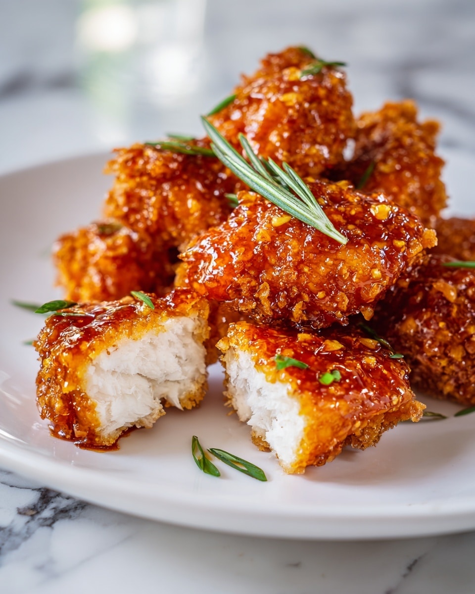 The image shows a white rectangular plate holding four pieces of crispy fried chicken, each piece coated in a shiny, thick dark brown sauce with visible bits of red chili and garlic. The chicken is garnished with small pieces of green onion scattered across the top. Behind the plate, there is a small white sauce boat filled with a dark soy-based sauce with red chili flakes. Further back, a round white plate holds a mound of yellow fried rice with small bits of vegetables, each grain distinct. All items rest on a white marbled surface. photo taken with an iphone --ar 4:5 --v 7