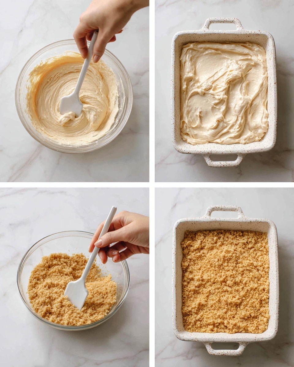 A collage of four images shows a cooking process on a white marbled surface. The first image has a clear glass bowl filled with a thick, creamy, light beige mixture with some texture, stirred with a white spatula held by a woman's hand. The second image shows this mixture spread evenly in a white speckled baking dish with two handles. The third image shows another clear glass bowl with a dry, crumbly topping made of small golden-brown crumbs mixed with herbs, stirred with a white spoon. The fourth image shows the crumb topping evenly spread over the creamy base in the same white speckled baking dish, forming a two-layer dish with a smooth top crust of golden crumbs. photo taken with an iphone --ar 4:5 --v 7