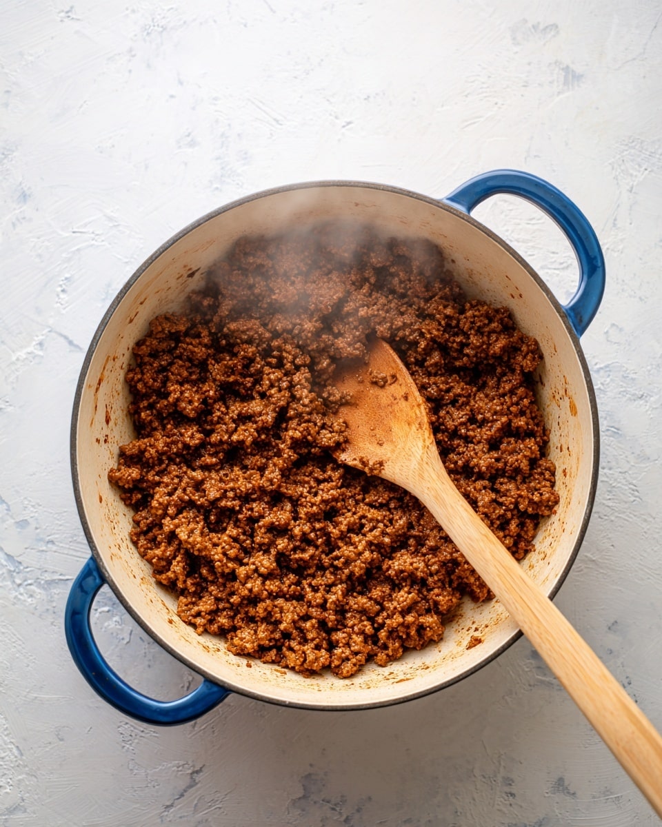 Inside a white pot with blue handles, there is a single layer of browned ground meat. The meat has a crumbly texture with small, soft chunks spread evenly across the pot's base. A wooden spoon with a smooth, light brown surface is stirring the meat from the right side, its rounded end touching the meat. Faint steam rises gently above the meat, showing the cooking in progress. The background surface is white with a marbled texture. photo taken with an iphone --ar 4:5 --v 7
