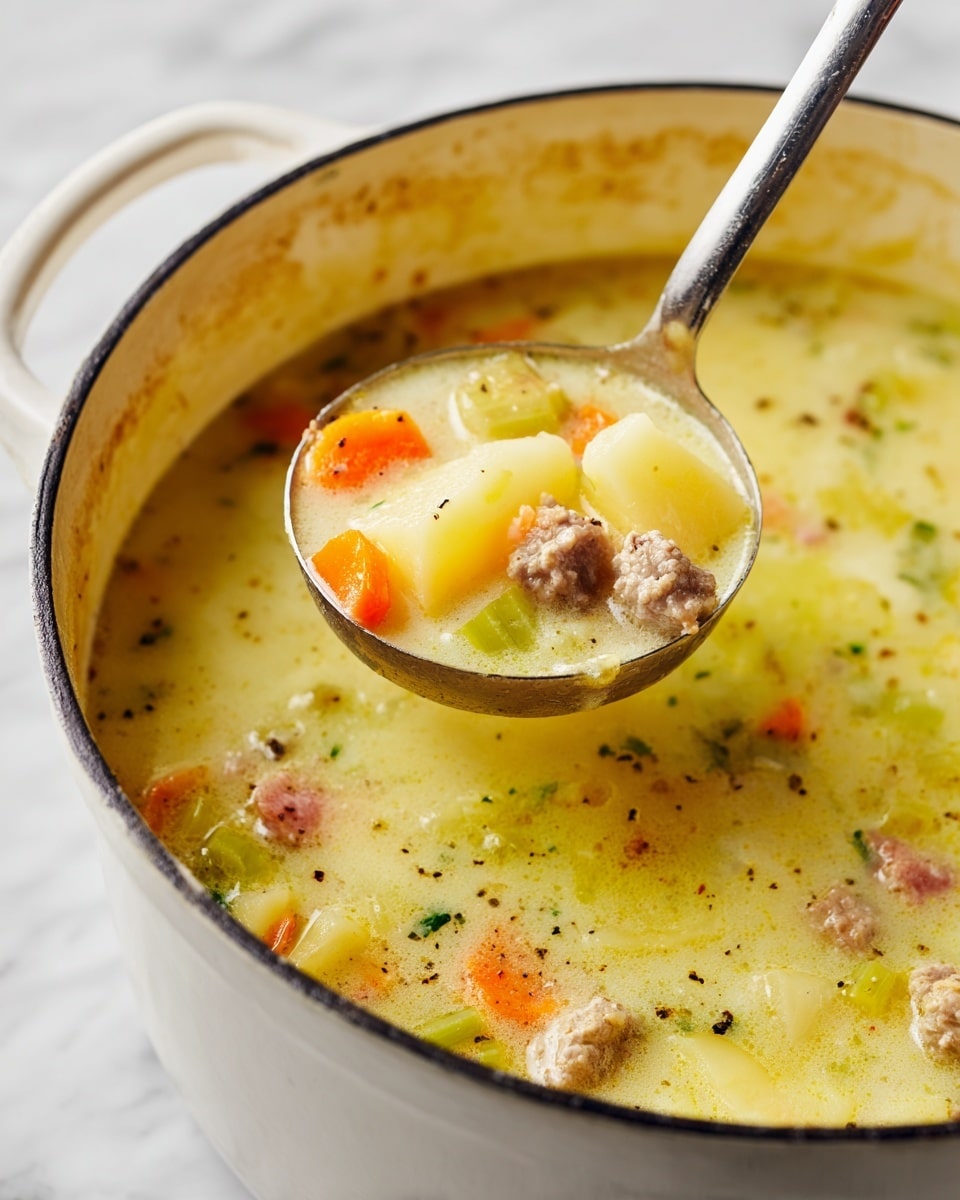 A close-up of a large white cooking pot filled with thick, creamy yellow soup showing visible chunks of light yellow potatoes, small pieces of brown meat, green celery slices, and small orange carrot bits. A metal ladle lifts a portion of the soup, revealing the same chunky mix with flecks of black pepper on the surface. The edges of the pot show some splatters of the soup, and the whole scene is set on a white marbled background. Photo taken with an iphone --ar 4:5 --v 7