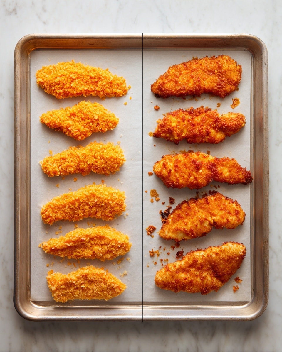 Two side-by-side images show a metal baking tray lined with parchment paper on a white marbled surface. Both trays hold ten pieces of breaded chicken strips arranged in three rows. The left tray shows raw chicken strips, coated with a bright orange crumb layer that looks rough and crunchy. The right tray has the same pieces after baking, now showing deeper golden-orange colors with some darker toasted spots adding texture. The crumb on the cooked pieces looks crispy and slightly cracked, with some small crumbs scattered on the paper. Photo taken with an iphone --ar 4:5 --v 7