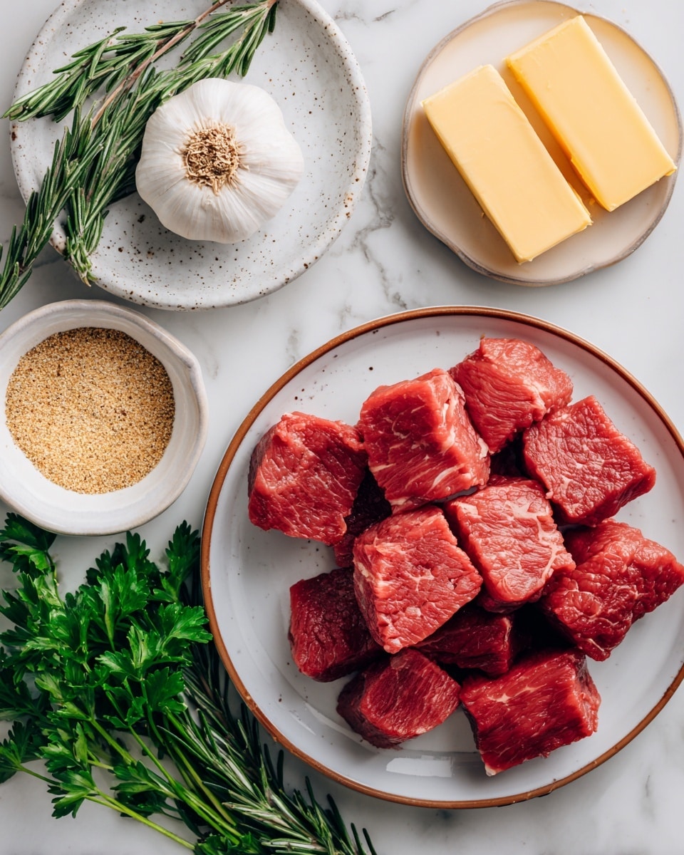 The image shows raw beef cubes with a rich red color and light marbling, placed in a single layer on a white plate with a brown rim. To the left, there is a whole garlic bulb on a white speckled plate with fresh green rosemary sprigs resting beside it. Below, vibrant green parsley leaves spread out, and next to them is a small white bowl filled with a light brown spice mix with visible coarse grains. Above, a small white speckled plate holds three rectangular pieces of pale yellow butter. All items are on a white marbled surface. photo taken with an iphone --ar 4:5 --v 7