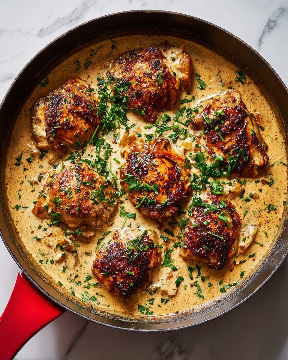 The image shows a dark pan filled with a creamy light brown sauce speckled with herbs, covering five pieces of cooked chicken with a golden-brown, slightly charred texture. The chicken pieces are partially submerged and topped with chopped green herbs, adding a fresh contrast to the warm tones of the sauce and chicken. The pan is placed on a white marbled surface, and a red handle cover is visible on the bottom left. photo taken with an iphone --ar 4:5 --v 7
