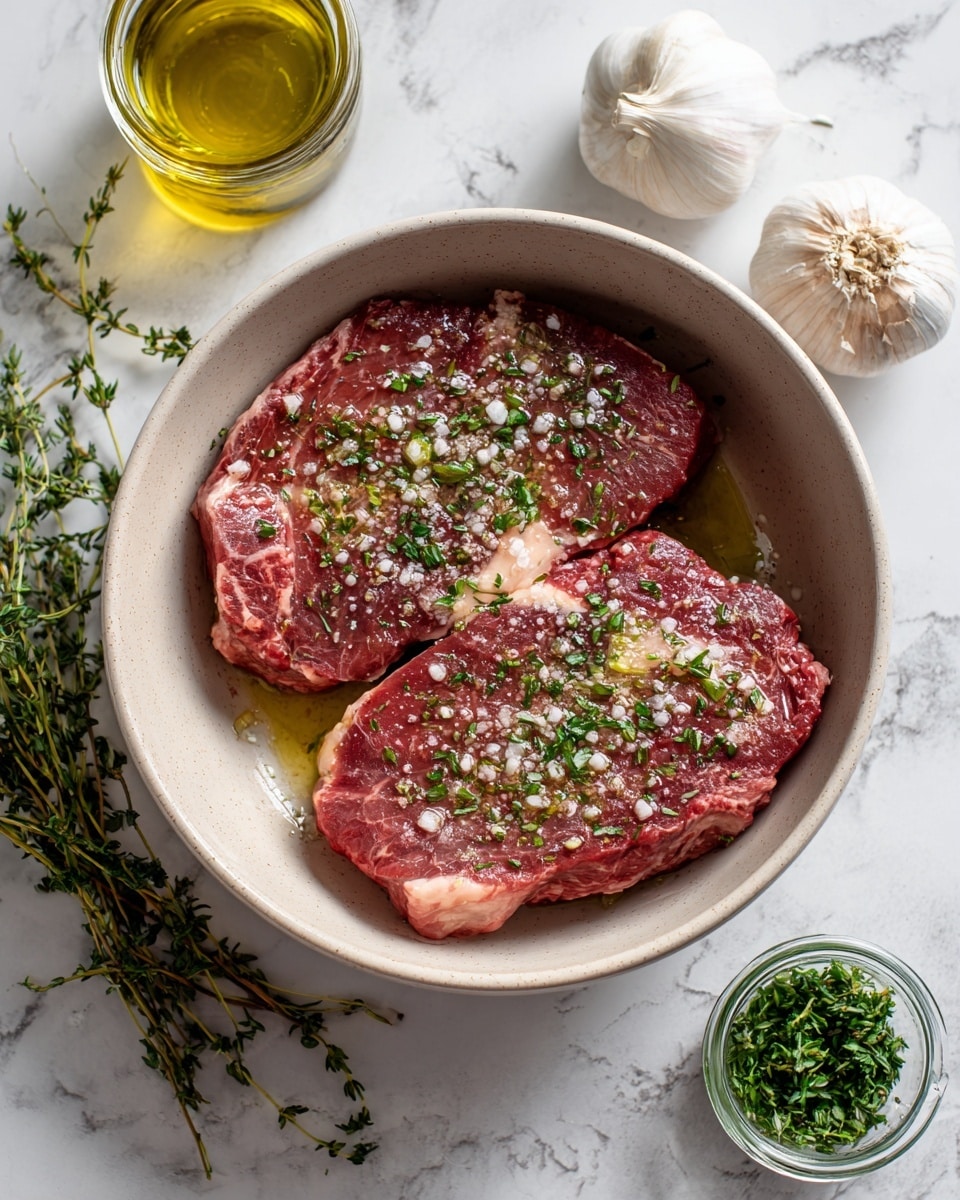 The image shows two raw red steaks placed flat inside a light beige bowl, marinated with olive oil and sprinkled with coarse salt and chopped green herbs, likely thyme. The steaks have patches of white fat and a shiny texture from the oil. Around the bowl, a small glass jar of olive oil, a bulb of garlic, a bunch of fresh thyme sprigs, and a small jar of green herbs are arranged on a white marbled surface. The lighting is soft, making the colors of the ingredients look fresh and natural. Photo taken with an iphone --ar 4:5 --v 7