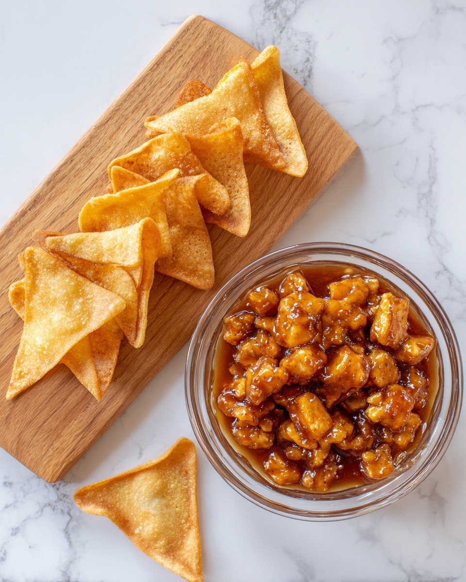 The image shows two parts: on the left, a wooden board holds eight thin triangular golden-brown pieces of crispy chips stacked in two rows with a few extra chips laid around the board edges; on the right, there is a clear glass bowl filled with small, uneven chunks of food coated in a shiny, thick brown sauce, all on a white marbled surface. photo taken with an iphone --ar 4:5 --v 7