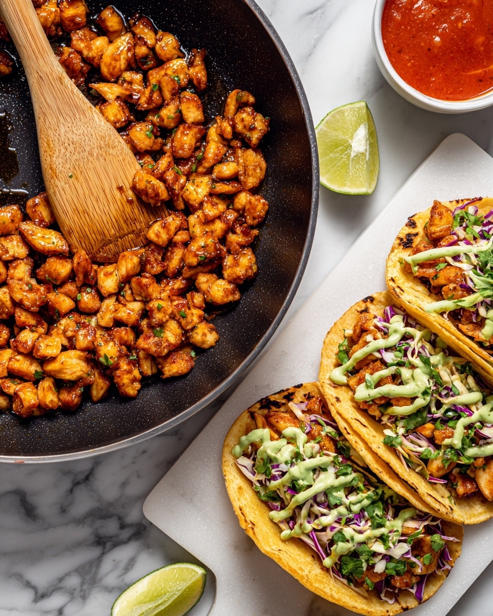 The image shows two parts: on the left, a black frying pan filled with many small pieces of golden-brown cooked chicken, with a wooden spoon mixing them; on the right, there is a close-up of three small tacos placed in a row on a white marbled surface. Each taco has a crispy golden shell filled with brown cooked chicken, topped with light green creamy sauce, bright green chopped herbs, and small bits of purple cabbage. A lime wedge is placed near the tacos, and a small white bowl filled with a bright red sauce is beside them. photo taken with an iphone --ar 4:5 --v 7