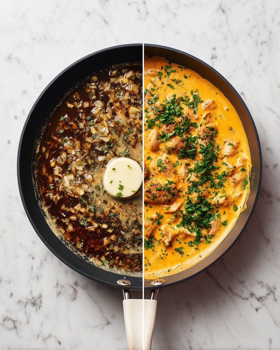 The image shows two views of a black skillet with a white handle placed on a white marbled surface. On the left, the skillet contains a dark brown liquid with small, chopped onions floating and a round white herb butter melting in the center. On the right, the skillet holds a creamy orange sauce mixed with small pieces of cooked chicken and is topped with chopped green herbs. The skillet is slightly filled, showing smooth textures of liquid and sauce with visible bits of ingredients throughout photo taken with an iphone --ar 4:5 --v 7