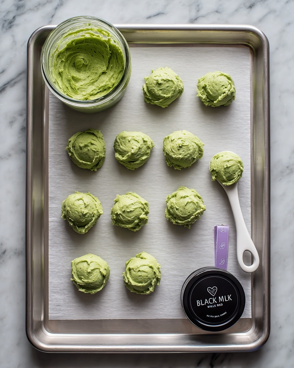 The image shows five round cookies with a light golden brown color, each topped with thin green drizzle and small pieces of chopped nuts. The cookies have a slightly cracked surface, giving them a soft and chewy look. They are placed on a white marbled surface sprinkled with fine white powder, and small green nut pieces are scattered around. A white bowl filled with chopped nuts is at the side, and a silver tea infuser with small holes is near the bottom cookie. The scene is bright and clean, highlighting the texture and colors of the cookies. photo taken with an iphone --ar 4:5 --v 7
