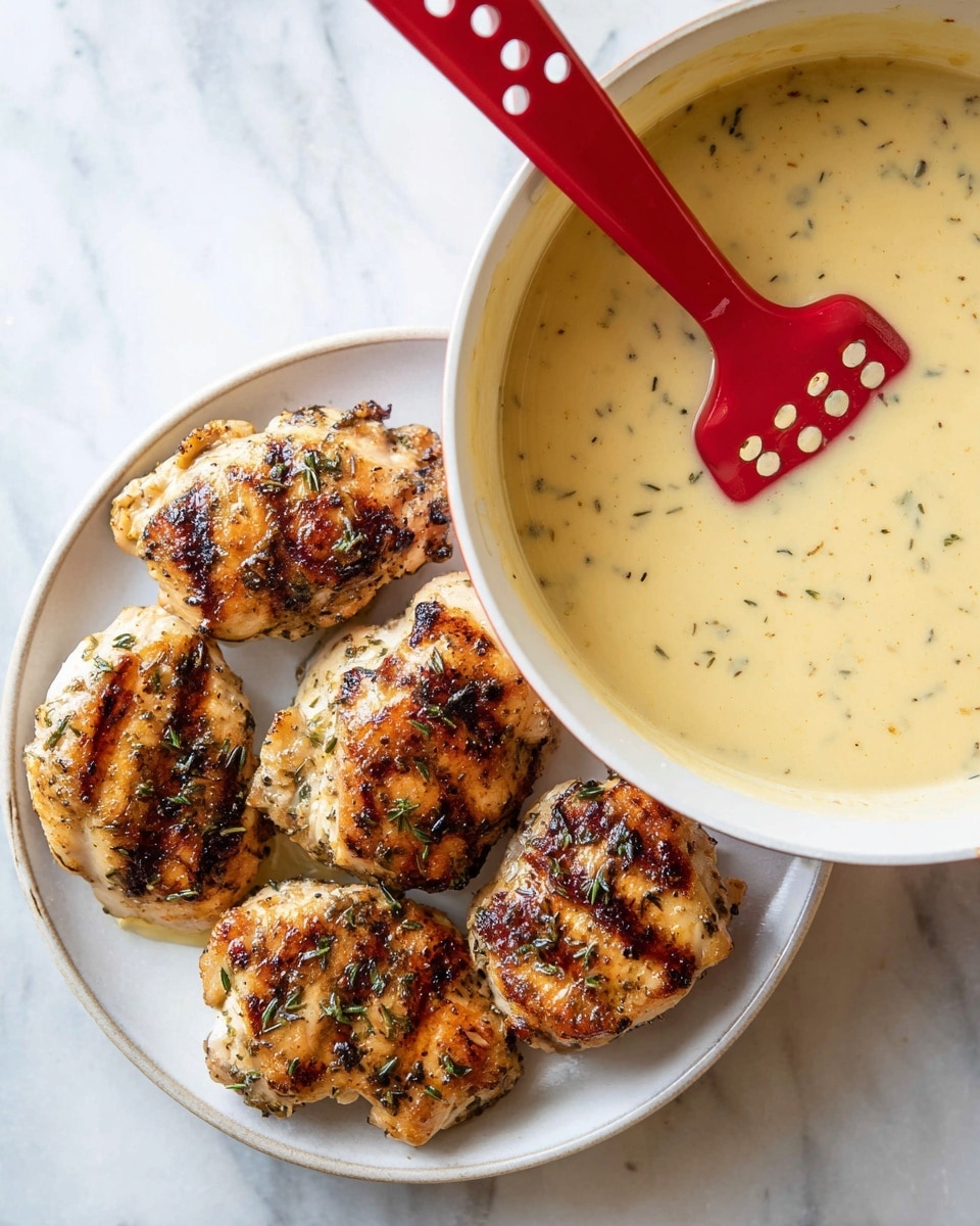 The left side shows a round white plate with four grilled pieces of seasoned chicken that are golden brown with some darker grill marks and small herbs visible on top, arranged closely but not touching each other. The right side features a white pot filled with creamy, pale yellow sauce that has small black specks, with a red spatula that has big white dots resting inside, the sauce smooth in texture. Both the plate and pot are placed on a white marbled surface. photo taken with an iphone --ar 4:5 --v 7
