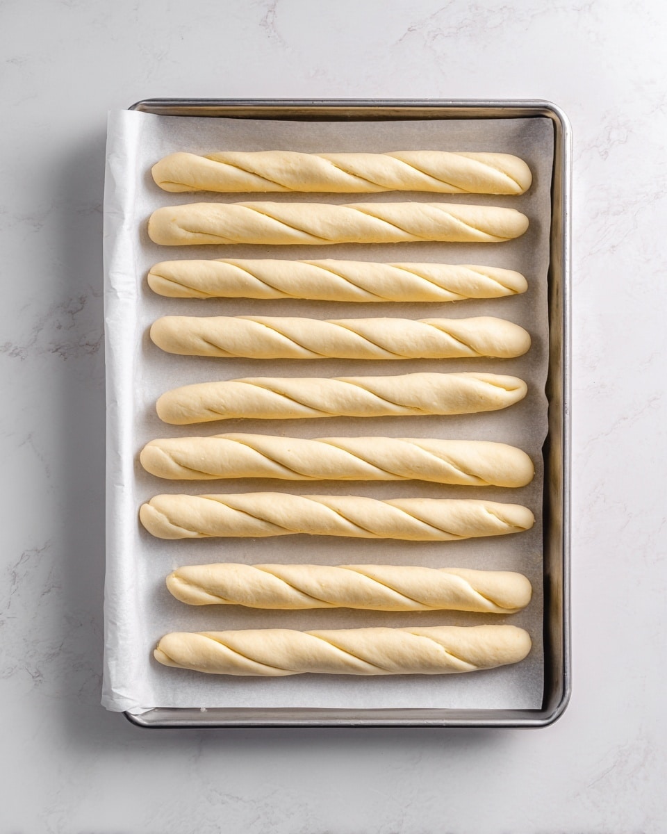 A metal baking tray lined with white parchment paper shows twelve evenly spaced raw dough sticks piped in four rows. Each dough stick is light beige with a smooth texture and has three clear ridges along its length, created by the piping method. The sticks are mostly straight, except for four on the right side which curve slightly at one end. The tray sits on a white marbled surface, and the overall lighting is soft and clean, emphasizing the dough's creamy color and shape. photo taken with an iphone --ar 4:5 --v 7